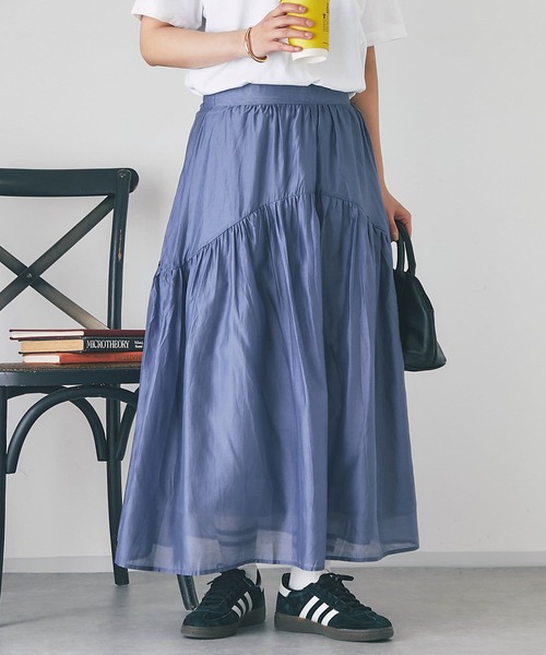 un dix cors(アンディコール)の「シアーギャザースカート(スカート・レディース・インディゴブルー/ブラック/グレイッシュベージュ・FREE)」の1枚目の写真