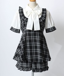 リボンブラウス チェック柄ミニスカートワンピース×フリルショートパンツ セットアップ レディース/量産型女子/地雷系/病みかわ