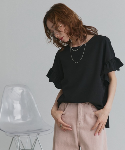 ad thie(アドティエ)の「袖フリル ジョーゼットブラウス(シャツ/ブラウス・レディース・ライトグレー/ブラック/グレイッシュベージュ/ホワイト×ブルー/オフホワイト/ライトブルー/チャコール・FREE)」の3枚目の写真
