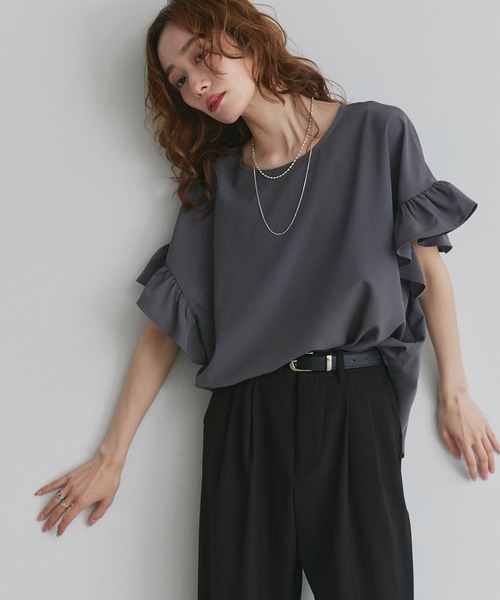 ad thie(アドティエ)の「袖フリル ジョーゼットブラウス(シャツ/ブラウス・レディース・ライトグレー/ブラック/グレイッシュベージュ/ホワイト×ブルー/オフホワイト/ライトブルー/チャコール・FREE)」の8枚目の写真