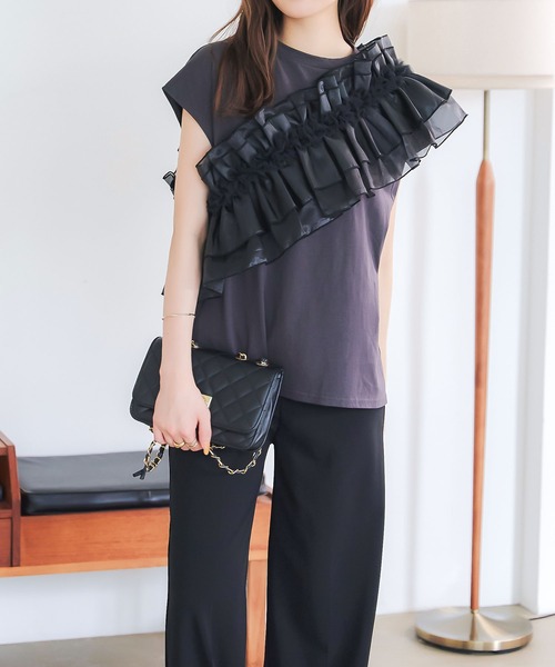 ecrel アシメフリルTシャツ セール】アシンメトリーフリルTシャツ（Tシャツ/カットソー