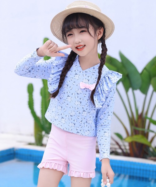 セール】キッズ水着 長袖フリルリボンラッシュガード+ショートパンツ