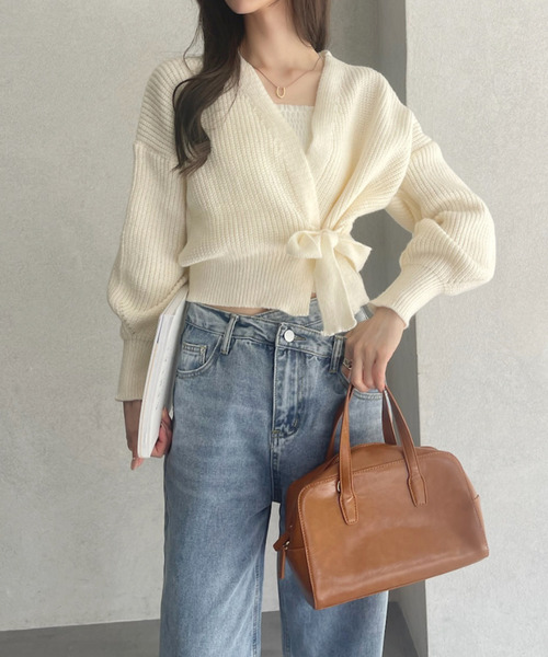 Ada.(エイダ)の「カシュクールデザイン リボン カーディガン ニットトップス(ニット/セーター・レディース・ホワイト/ブラウン/ベージュ/ブラック・FREE)」の10枚目の写真