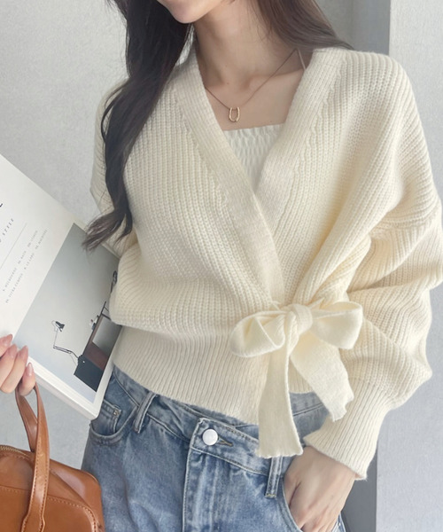 Ada.(エイダ)の「カシュクールデザイン リボン カーディガン ニットトップス(ニット/セーター・レディース・ホワイト/ブラウン/ベージュ/ブラック・FREE)」の7枚目の写真