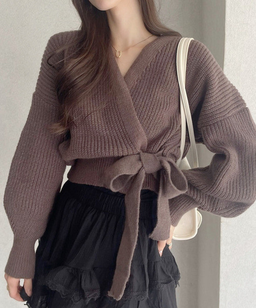 Ada.(エイダ)の「カシュクールデザイン リボン カーディガン ニットトップス(ニット/セーター・レディース・ホワイト/ブラウン/ベージュ/ブラック・FREE)」の16枚目の写真