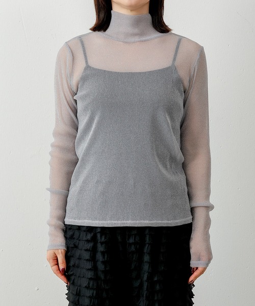en CAnAF（エンカナフ）の「【新色追加】ハイネック シャイニー ラメ シアー トップス（Tシャツ/カットソー・レディース・ミント/チャコールグレー/オフホワイト/グレー/ダークブラウン/グリーン系・フリー）」の16枚目の写真