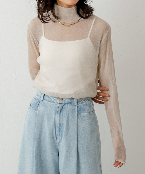 en CAnAF（エンカナフ）の「【新色追加】ハイネック シャイニー ラメ シアー トップス（Tシャツ/カットソー・レディース・ミント/チャコールグレー/オフホワイト/グレー/ダークブラウン/グリーン系・フリー）」の19枚目の写真