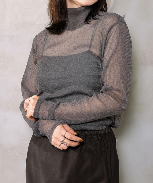 新色追加】ハイネック シャイニー ラメ シアー トップス（Tシャツ