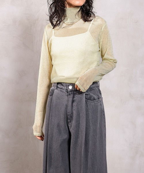 新色追加】ハイネック シャイニー ラメ シアー トップス（Tシャツ