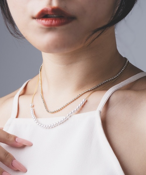 Os accessory（オズアクセサリー）の「Os　-オズ-　【金属アレルギー対応】パールダイヤレーンネックレス（ネックレス・レディース・ゴールド/シルバー・ONE SIZE）」の2枚目の写真