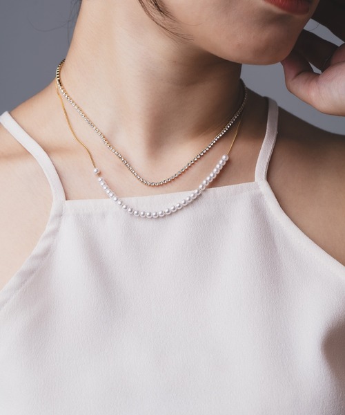 Os accessory（オズアクセサリー）の「Os　-オズ-　【金属アレルギー対応】パールダイヤレーンネックレス（ネックレス・レディース・ゴールド/シルバー・ONE SIZE）」の5枚目の写真