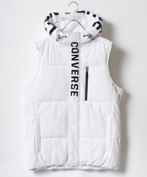 CONVERSE(コンバース)の「CONVERSE/コンバース ナイロン ブランドロゴ 中綿 パディング フーディーベスト レディース メンズ パーカー(ダウンベスト・メンズ・ホワイト/ブラック・LL/M/L)」の3枚目の写真