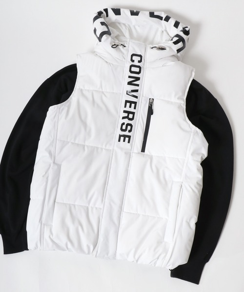 CONVERSE(コンバース)の「CONVERSE/コンバース ナイロン ブランドロゴ 中綿 パディング フーディーベスト レディース メンズ パーカー(ダウンベスト・メンズ・ホワイト/ブラック・LL/M/L)」の17枚目の写真