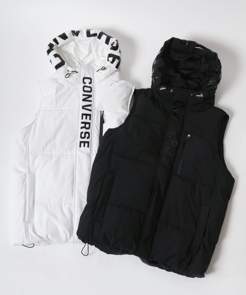 CONVERSE(コンバース)の「CONVERSE/コンバース ナイロン ブランドロゴ 中綿 パディング フーディーベスト レディース メンズ パーカー(ダウンベスト・メンズ・ホワイト/ブラック・LL/M/L)」の18枚目の写真