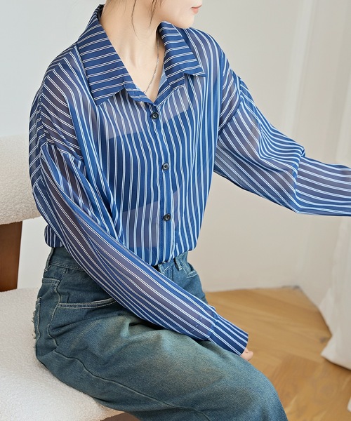 未使用品 コンテ Con te ストライプシャツ フリル ブラウス 長袖 青 白 *A535 レディース other - コンテ Con te ストライプシャツ フリル ブラウス 長袖