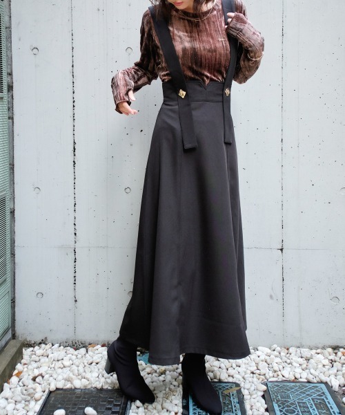 Rejoule(リジュール)の「ゴールドボタン付き ハイウエストフロントジップジャンスカ(ジャンパースカート・レディース・チャコールグレー/ブラック・FREE/S)」の4枚目の写真
