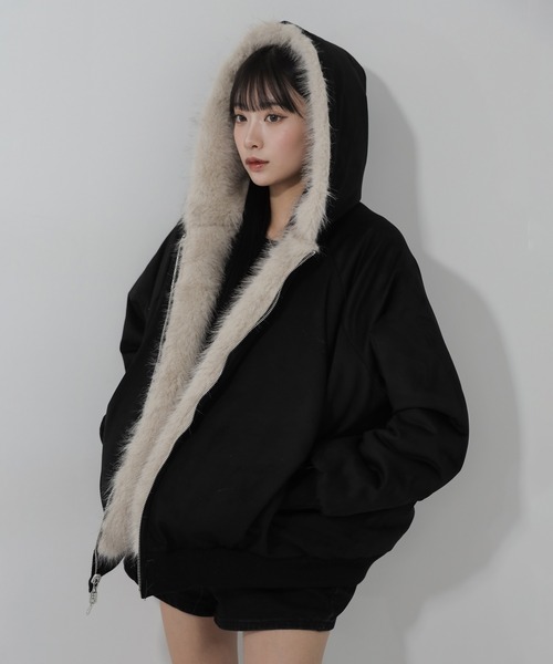 リバーシブル2WAY】ビッグフーディボリュームフェイクファーブルゾン