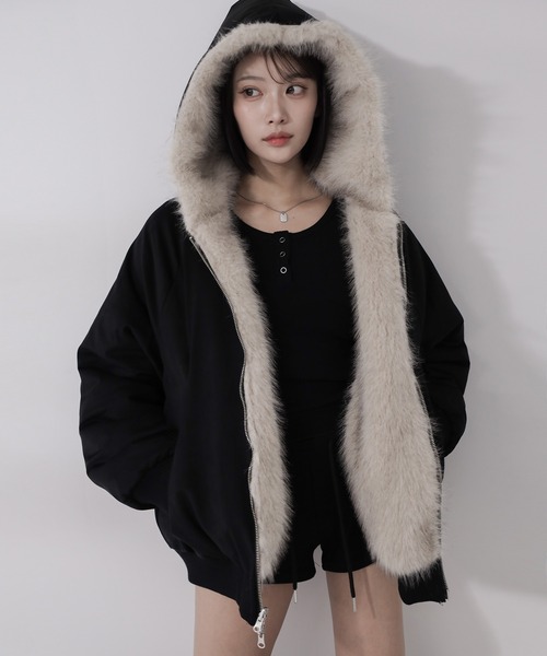 ジャケット・アウター Faux Fur Hoodie Duffle Coat セール】【 リバーシブル2WAY】ビッグフーディボリュームフェイク