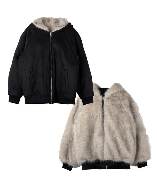 リバーシブル2WAY】ビッグフーディボリュームフェイクファーブルゾン