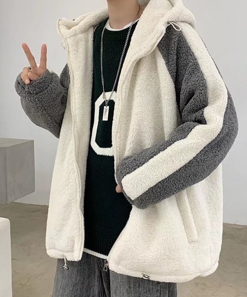 NOWLE(ノウル)の「【NOWLE】袖ライン柄 ボア フリース フーディー ジャケット(ブルゾン・メンズ・ブラック/ダークグレー/ホワイト・LARGE/X-LARGE/MEDIUM)」の2枚目の写真