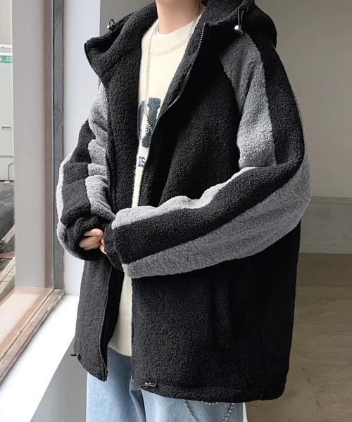 NOWLE(ノウル)の「【NOWLE】袖ライン柄 ボア フリース フーディー ジャケット(ブルゾン・メンズ・ブラック/ダークグレー/ホワイト・LARGE/X-LARGE/MEDIUM)」の3枚目の写真