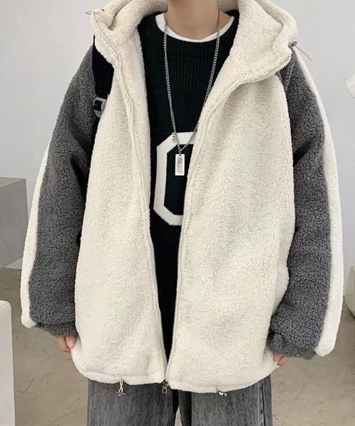 NOWLE(ノウル)の「【NOWLE】袖ライン柄 ボア フリース フーディー ジャケット(ブルゾン・メンズ・ブラック/ダークグレー/ホワイト・LARGE/X-LARGE/MEDIUM)」の6枚目の写真