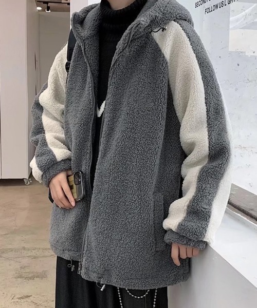 NOWLE(ノウル)の「【NOWLE】袖ライン柄 ボア フリース フーディー ジャケット(ブルゾン・メンズ・ブラック/ダークグレー/ホワイト・LARGE/X-LARGE/MEDIUM)」の8枚目の写真