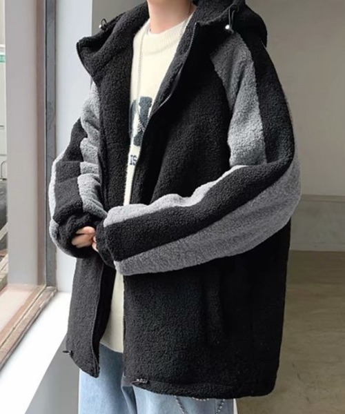 NOWLE(ノウル)の「【NOWLE】袖ライン柄 ボア フリース フーディー ジャケット(ブルゾン・メンズ・ブラック/ダークグレー/ホワイト・LARGE/X-LARGE/MEDIUM)」の9枚目の写真