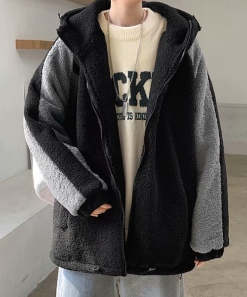 NOWLE(ノウル)の「【NOWLE】袖ライン柄 ボア フリース フーディー ジャケット(ブルゾン・メンズ・ブラック/ダークグレー/ホワイト・LARGE/X-LARGE/MEDIUM)」の10枚目の写真