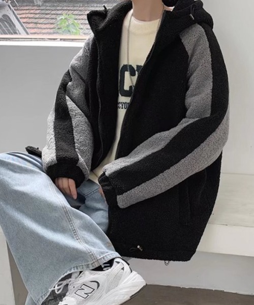 NOWLE(ノウル)の「【NOWLE】袖ライン柄 ボア フリース フーディー ジャケット(ブルゾン・メンズ・ブラック/ダークグレー/ホワイト・LARGE/X-LARGE/MEDIUM)」の12枚目の写真