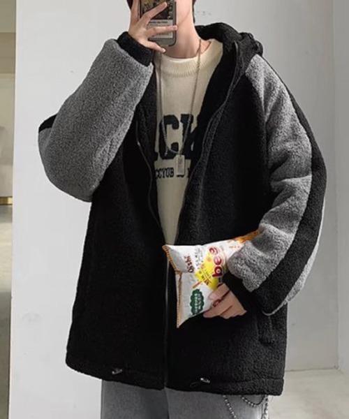 NOWLE(ノウル)の「【NOWLE】袖ライン柄 ボア フリース フーディー ジャケット(ブルゾン・メンズ・ブラック/ダークグレー/ホワイト・LARGE/X-LARGE/MEDIUM)」の13枚目の写真