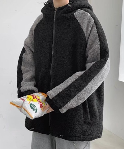 NOWLE(ノウル)の「【NOWLE】袖ライン柄 ボア フリース フーディー ジャケット(ブルゾン・メンズ・ブラック/ダークグレー/ホワイト・LARGE/X-LARGE/MEDIUM)」の17枚目の写真