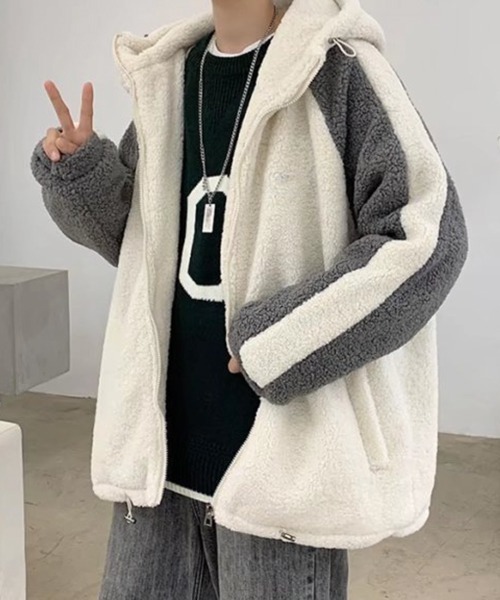 NOWLE(ノウル)の「【NOWLE】袖ライン柄 ボア フリース フーディー ジャケット(ブルゾン・メンズ・ブラック/ダークグレー/ホワイト・LARGE/X-LARGE/MEDIUM)」の18枚目の写真