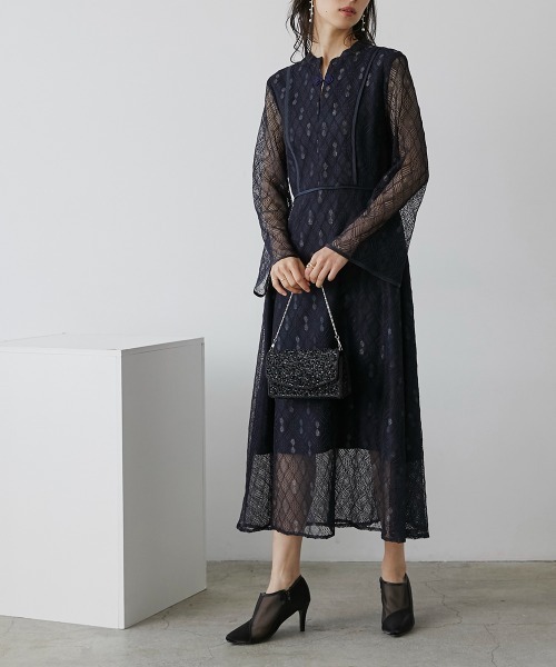 Callarus(カラルス)の「チャイナボタンパイピング切替デザインワンピースドレス〔Callarus〕(ドレス・レディース・ブラック/ネイビー・L/M/LL)」の12枚目の写真