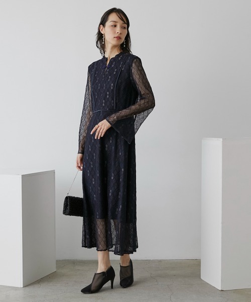 Callarus(カラルス)の「チャイナボタンパイピング切替デザインワンピースドレス〔Callarus〕(ドレス・レディース・ブラック/ネイビー・L/M/LL)」の10枚目の写真