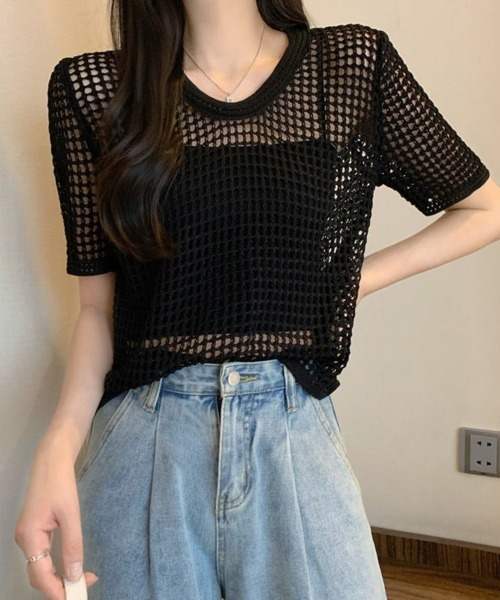 ゆるメッシュ透かし編み サマーニット ニットプルオーバー