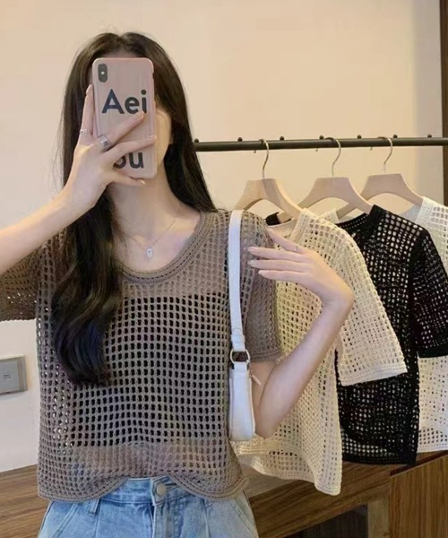 美品 セオリー 2024ss 半袖 メッシュ サマーニット 透かし編み 黒 ゆるメッシュ透かし編み サマーニット ニットプルオーバー