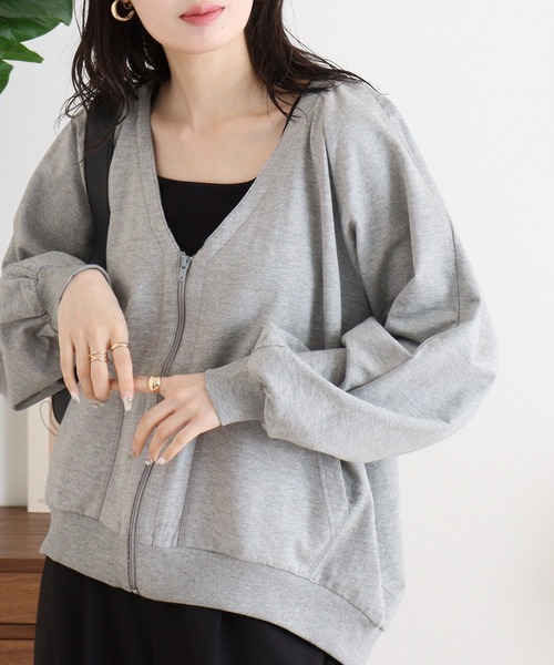 tシャツ ミニ裏毛V空きジップアップブルゾン レディース セール】ミニ裏毛V空きジップアップブルゾン（Tシャツ