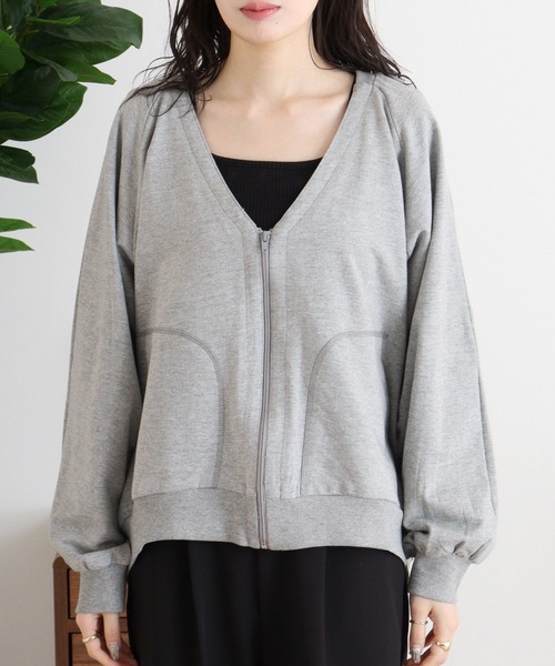 atONE(アットワン)の「ミニ裏毛V空きジップアップブルゾン(Tシャツ/カットソー・レディース・オートミール/杢グレー/ブラック/ライトベージュ・4L~5L/LL~3L/M-L)」の7枚目の写真