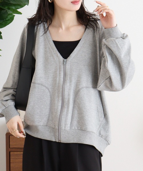 atONE(アットワン)の「ミニ裏毛V空きジップアップブルゾン(Tシャツ/カットソー・レディース・オートミール/杢グレー/ブラック/ライトベージュ・4L~5L/LL~3L/M-L)」の18枚目の写真