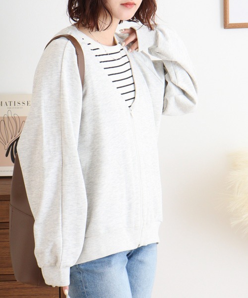 atONE(アットワン)の「ミニ裏毛V空きジップアップブルゾン(Tシャツ/カットソー・レディース・オートミール/杢グレー/ブラック/ライトベージュ・4L~5L/LL~3L/M-L)」の20枚目の写真