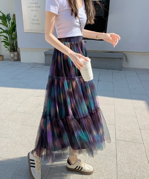 Diosfront（ディオスフロント）の「マーブルカラーティアードフリルチュールスカート（スカート・レディース・パープル系その他/レッド系その他・FREE）」の4枚目の写真