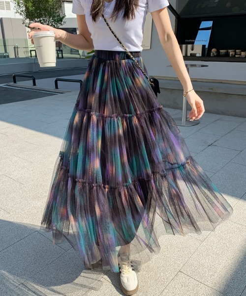 Diosfront（ディオスフロント）の「マーブルカラーティアードフリルチュールスカート（スカート・レディース・パープル系その他/レッド系その他・FREE）」の5枚目の写真