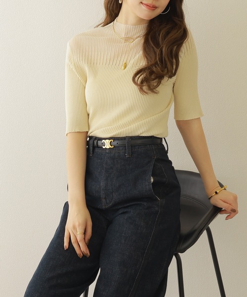 LAULEN(ローレン)の「sheer design half sleeve lib knit /ハイネックシアー切り替えハーフスリーブリブニット(ニット/セーター・レディース・アイボリー/グレー/ブラック・FREE)」の2枚目の写真