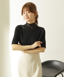 sheer design half sleeve lib knit /ハイネックシアー切り替えハーフスリーブリブニット