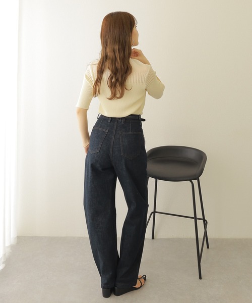 sheer design half sleeve lib knit /ハイネック シアー切り替え