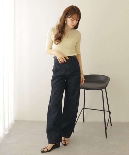 新品 lohen ローヘン スクエアカットスリーブハイネックニット sheer design half sleeve lib knit /ハイネック シアー切り替え