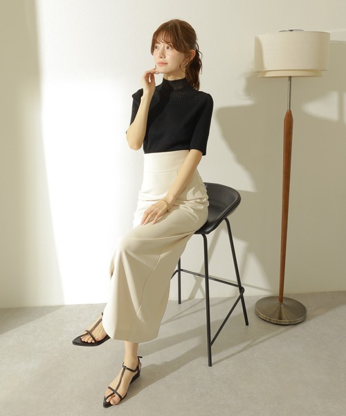 sheer design half sleeve lib knit /ハイネック シアー切り替え