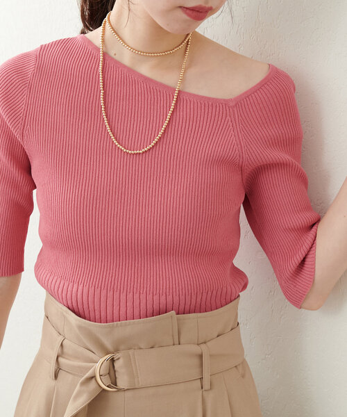 natural couture(ナチュラルクチュール)の「アシメネックリブ半袖ニット(ニット/セーター・レディース・モカ/ミント/ピンク/ブルー/オフホワイト/ブラック・FREE)」の10枚目の写真
