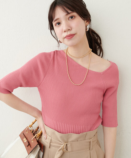 natural couture(ナチュラルクチュール)の「アシメネックリブ半袖ニット(ニット/セーター・レディース・モカ/ミント/ピンク/ブルー/オフホワイト/ブラック・FREE)」の9枚目の写真
